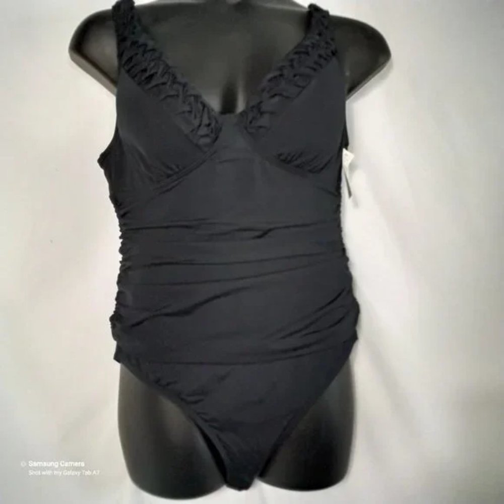 Jantzen Modest Ruched Slimming 1 Pc V-Neck Padded Bust Black Swimsuit NWT 16 - Picture 6 of 12